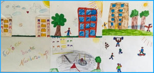 („schöne, bunte Nachbarschaft“, gezeichnet von Kindern im Projekt „Familien stärken“)