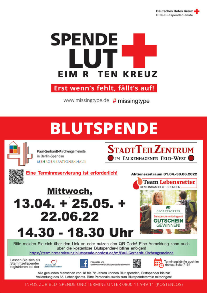 Blutspenden im Stadtteilzentrum der Paul-Gerhardt-Kirchengemeinde
