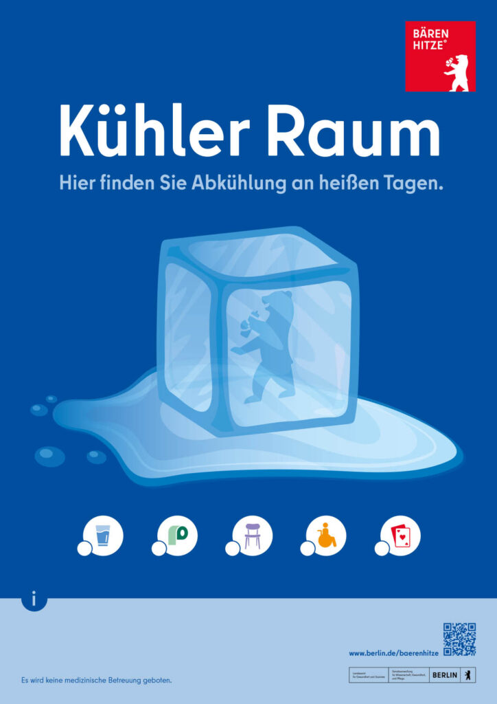 Bär im schmelzenden Eiswürfel umhüllt. Ausstattungsmerkmale, wie Wasserversorgung, Sanitäranlagen, Sitzmöglichkeiten, Barrierefreiheit und Brett- oder Kartenspiele werden dargestellt. (Bild: LAGeSo)