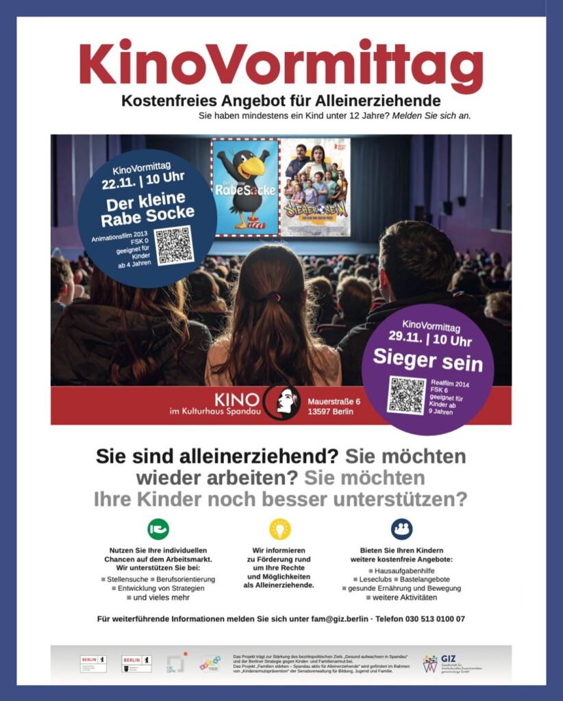 Kostenfreies Kino-Angebot für alleinerziehende Eltern mit Kindern unter 12 Jahren!