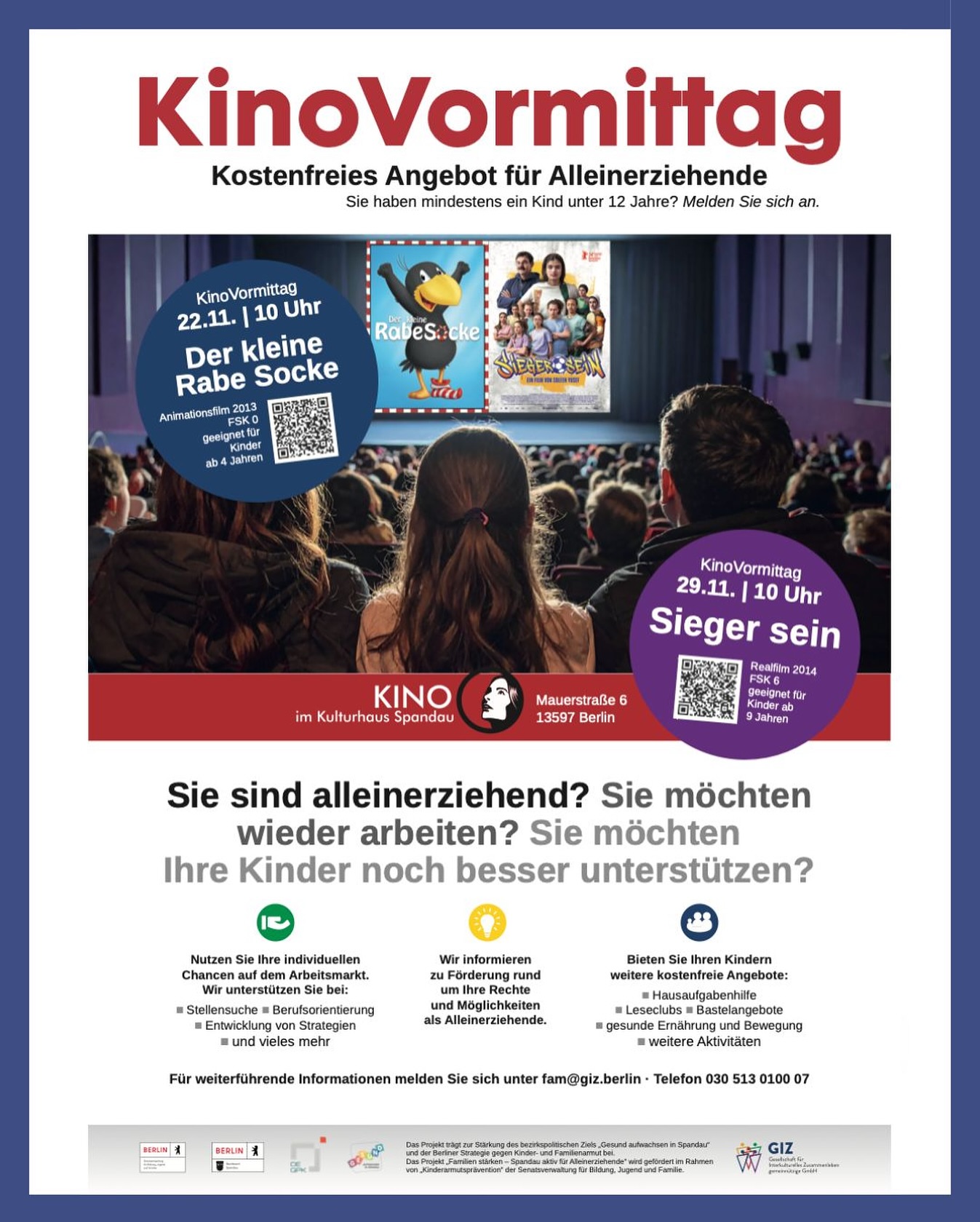 Kostenfreies Kino-Angebot für alleinerziehende Eltern mit Kindern unter 12 Jahren!