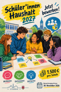 Schüler*innenHaushalt 2027: Jetzt bewerben und Demokratie im Schulalltag umsetzen KI-Plakat: www.salecker.info)