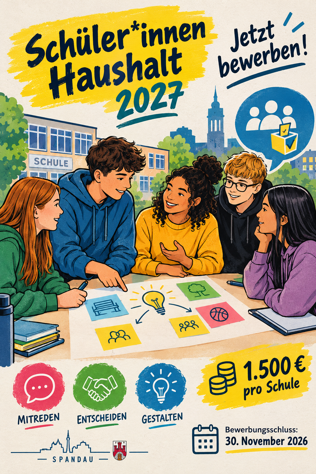 Schüler*innenHaushalt 2027: Jetzt bewerben und Demokratie im Schulalltag umsetzen KI-Plakat: www.salecker.info)
